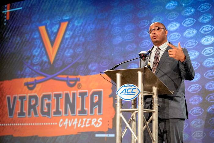 Virginia Head Coach Tony Elliott talks to the media during the second day of ACC Media Days at the Westin Hotel in Charlotte, NC.